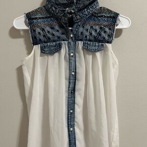 Daytrip Denim and White Embroidered Blouse